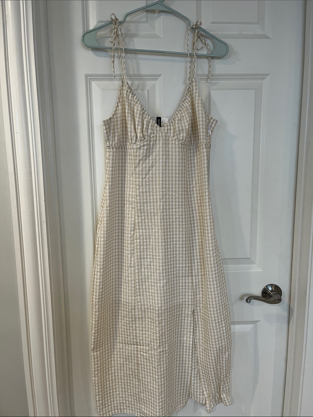 H&M Cream Gingham Midi Slip Dress with Tie Straps